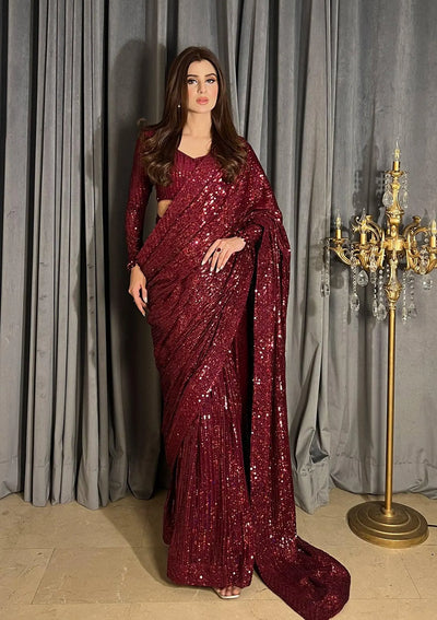 maroon color vibrant party wear sari, eastern dresses, bridal and formal outfits shalwar qamiz, lehnga choli, maxi, gown, frock aik