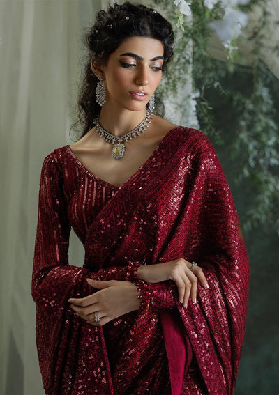 maroon color vibrant party wear sari, eastern dresses, bridal and formal outfits shalwar qamiz, lehnga choli, maxi, gown, frock aik