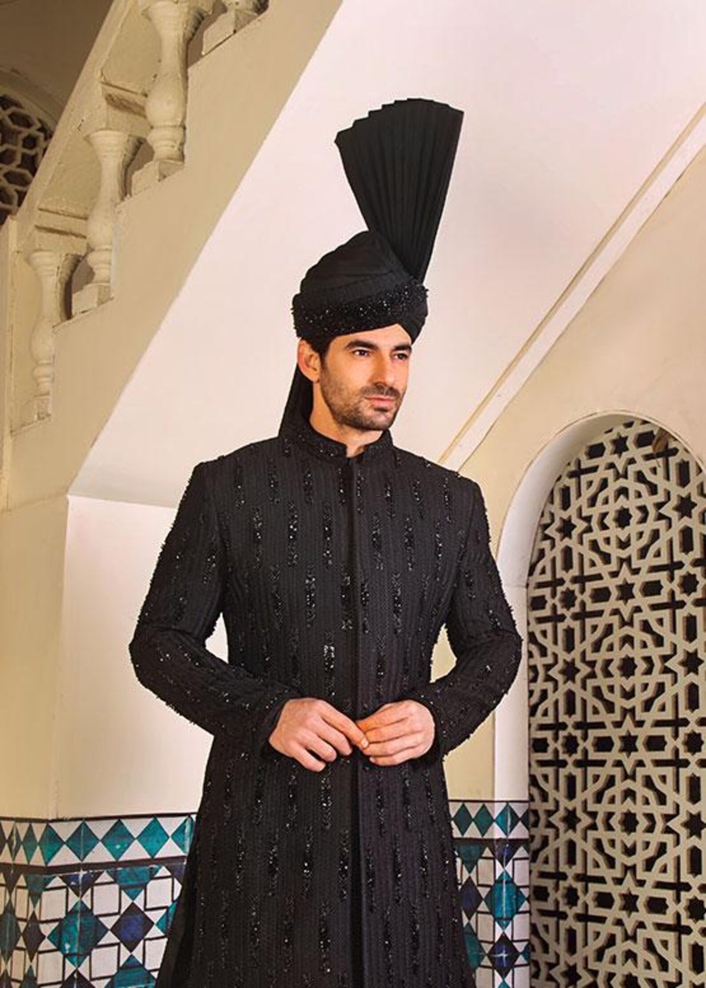 black bead work embroidered sherwani for groom, wedding wear, party wear, traditional events out fit,